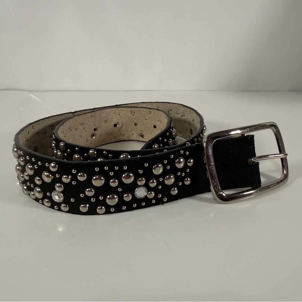 Studded Black Suede Belt with Silver Buckle, size M